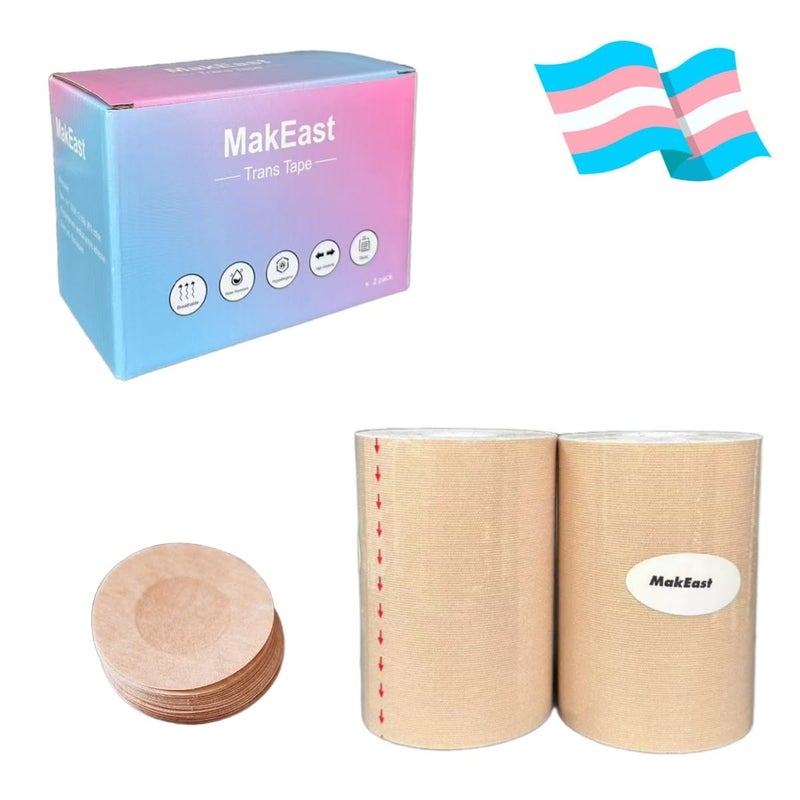 MakEast 2 Rolls Trans Tape for Transitioning Extra Wide Chest Binding Tape Latex Free FTM Chest Binder with Nipple Covers Ultra Sticky Waterproof & Flexible 4 in X 16.5 ft (Beige) - Image 1
